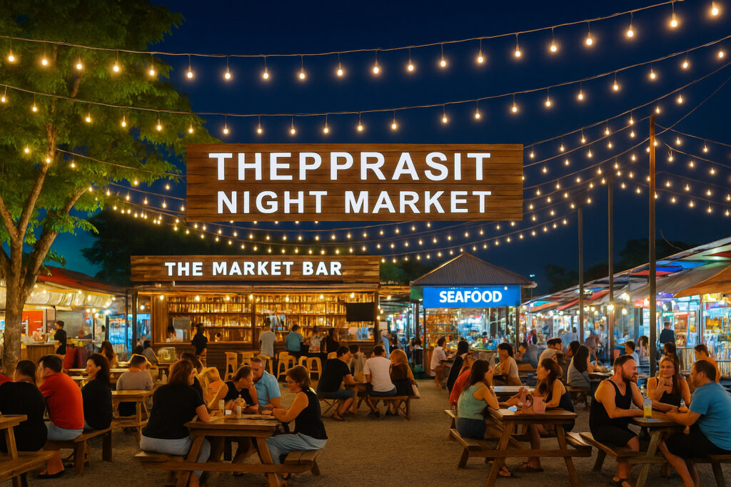 Night scene at Thepprasit Night Market Pattaya featuring food stalls, string lights, and people enjoying street food and drinks in a casual outdoor setting near Altera Hotel and Residence.