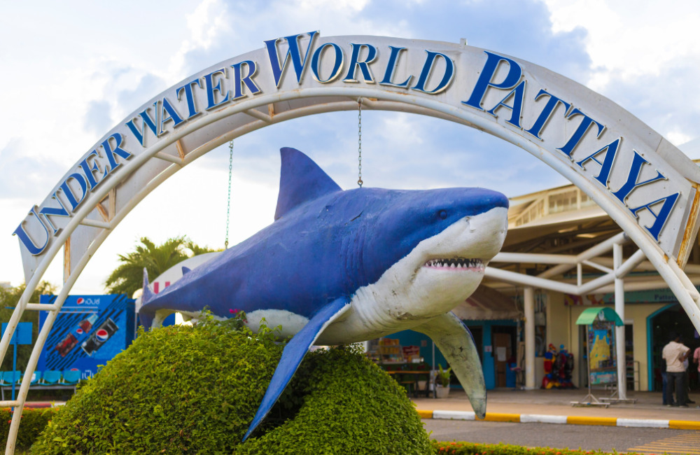 Entrance of Underwater World Pattaya featuring a giant shark sculpture and iconic signage—an educational and family-friendly aquarium attraction near Altera Hotel and Residence.