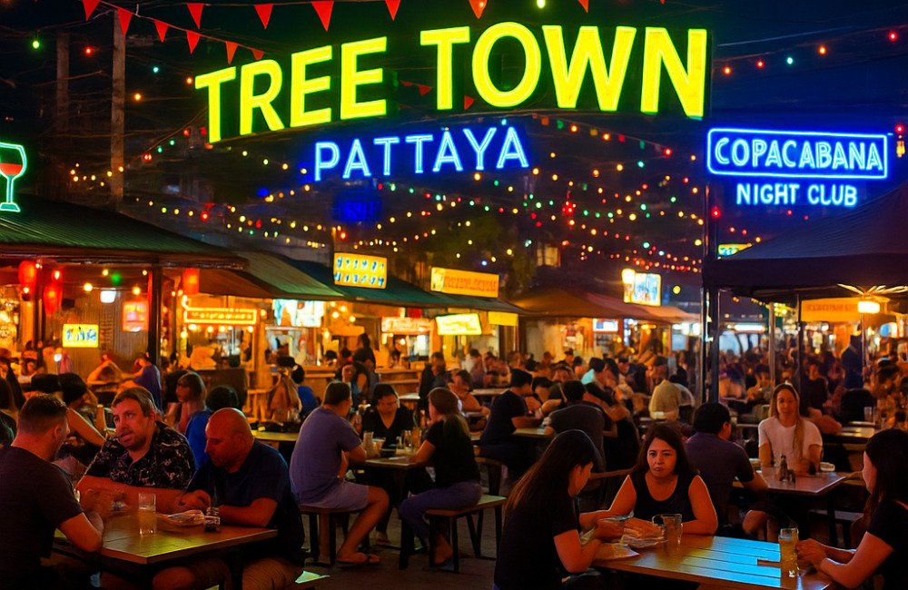 A lively evening scene at Tree Town Pattaya with open-air bars, casual dining stalls, and relaxed outdoor seating—capturing the laid-back nightlife vibe near Altera Hotel and Residence.