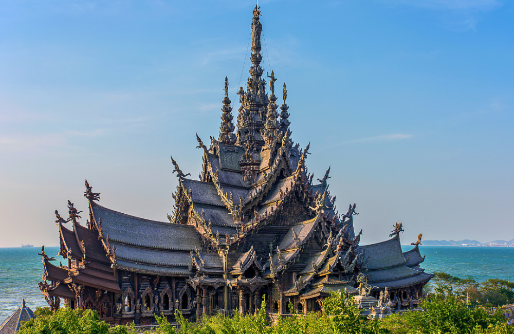 The Sanctuary of Truth in Pattaya, an intricately carved all-wood temple overlooking the sea, showcasing Thai craftsmanship and cultural heritage near Altera Hotel and Residence.
