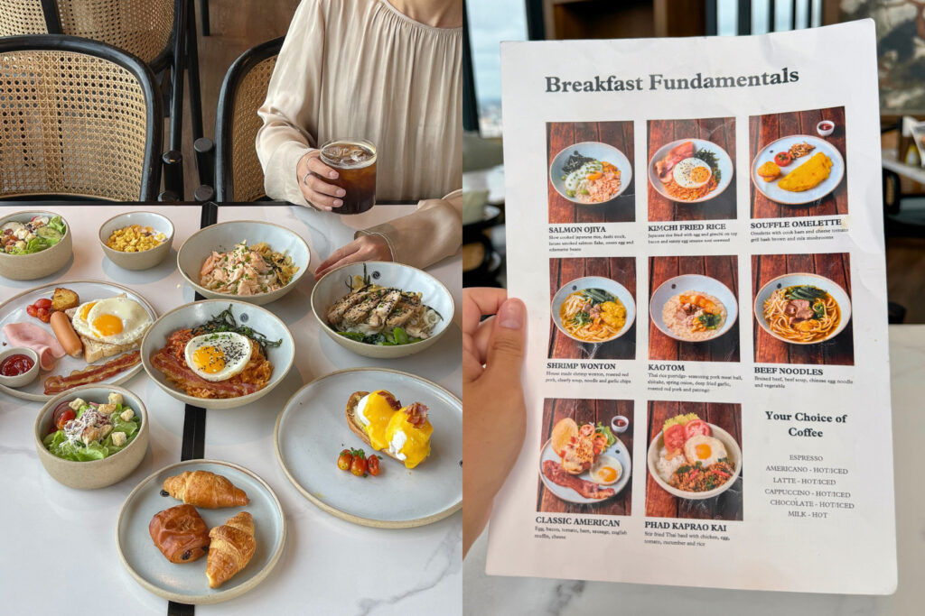 A vibrant breakfast spread with various dishes, including eggs Benedict, croissants, salads, and pasta, alongside a detailed breakfast menu showcasing options like Salmon Ojiya and Classic American breakfast.