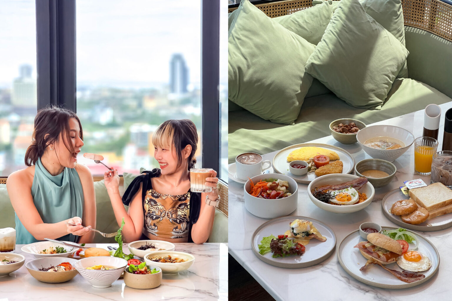 Two women enjoying a cheerful breakfast with a variety of dishes at a rooftop restaurant, accompanied by a close-up shot of a beautifully presented breakfast spread featuring eggs, salads, pastries, and beverages.