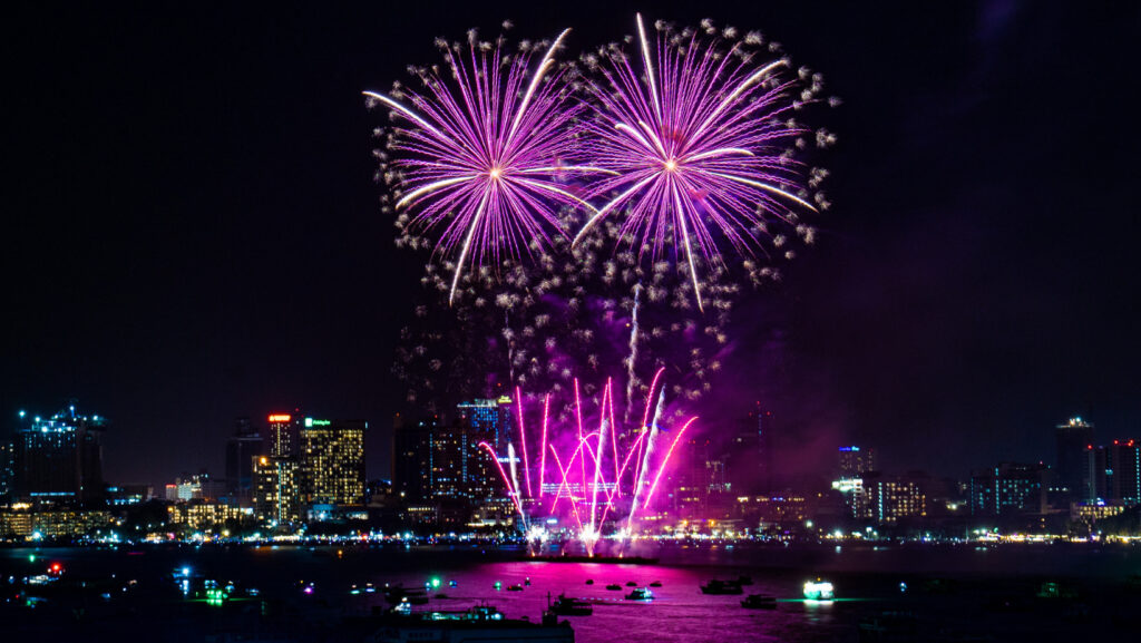 Spectacular evening fireworks performance during Pattaya International Fireworks Festival 2026 above Pattaya Beach.