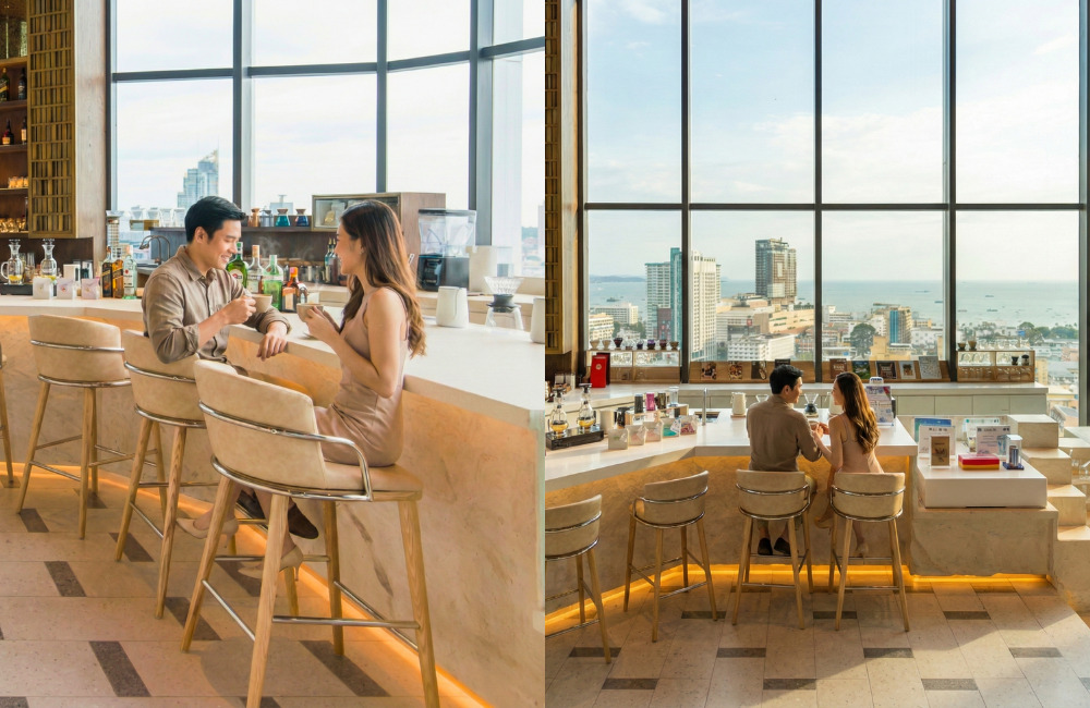 Couple enjoying a romantic rooftop restaurant in Pattaya with daylight city views, ideal for relaxed lunches or early evening dates