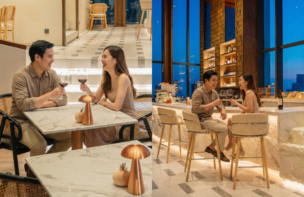 Couple toasting wine during a romantic rooftop dinner in Pattaya, a perfect Valentine’s Day 2026 dining experience with city views