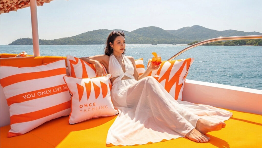 A woman relaxes with a Pride-themed cocktail on a ONCE Yachting luxury vessel during the first Run to Yacht in Pattaya, Thailand. Clear text for ONCE Yachting and Pride Month 2026 are present. A perfect wellness retreat.