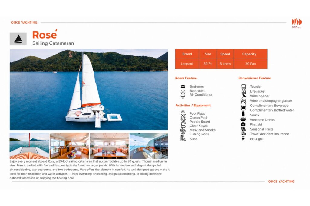 Once Yachting information sheet for the Rosé sailing catamaran, showing the 39-foot vessel, 20-person capacity, facilities, and water equipment.