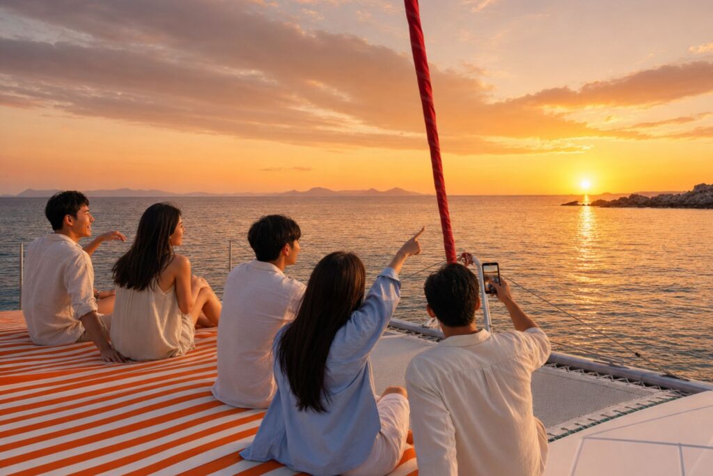 Five friends relax on a sailing catamaran, pointing toward the golden sunset and taking a phone photo during a Pattaya sea trip.