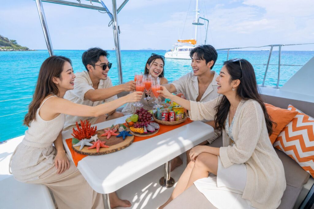 Five friends smile and toast fruit drinks around a snack-filled table aboard a sailing catamaran on the turquoise sea near Pattaya.
