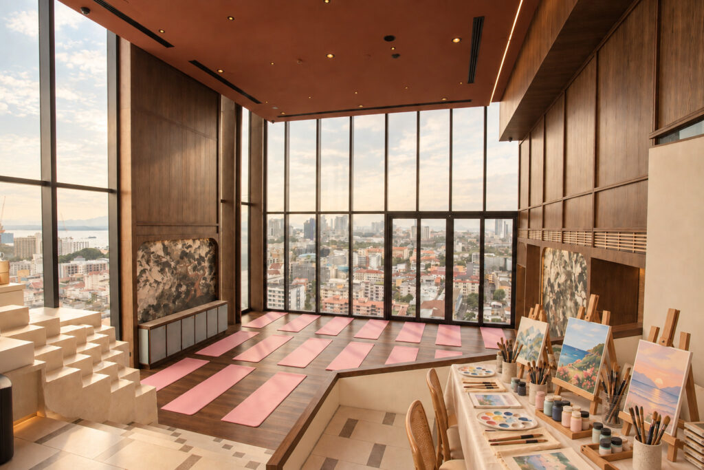 Pilates and paint event Pattaya setup with pink exercise mats, painting stations, art supplies, and panoramic city views from a high-floor venue.