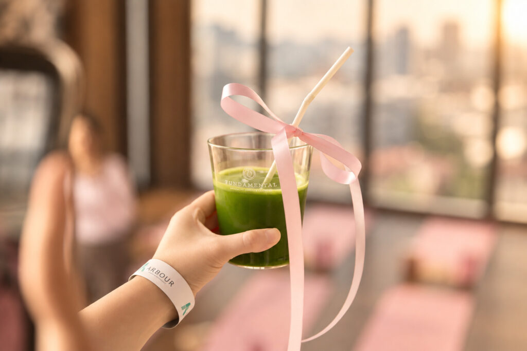 Guest holding a green welcome drink from Fundamental during a Pilates event in Pattaya, with an Arbour wristband, pink ribbon, and Pilates mats behind.