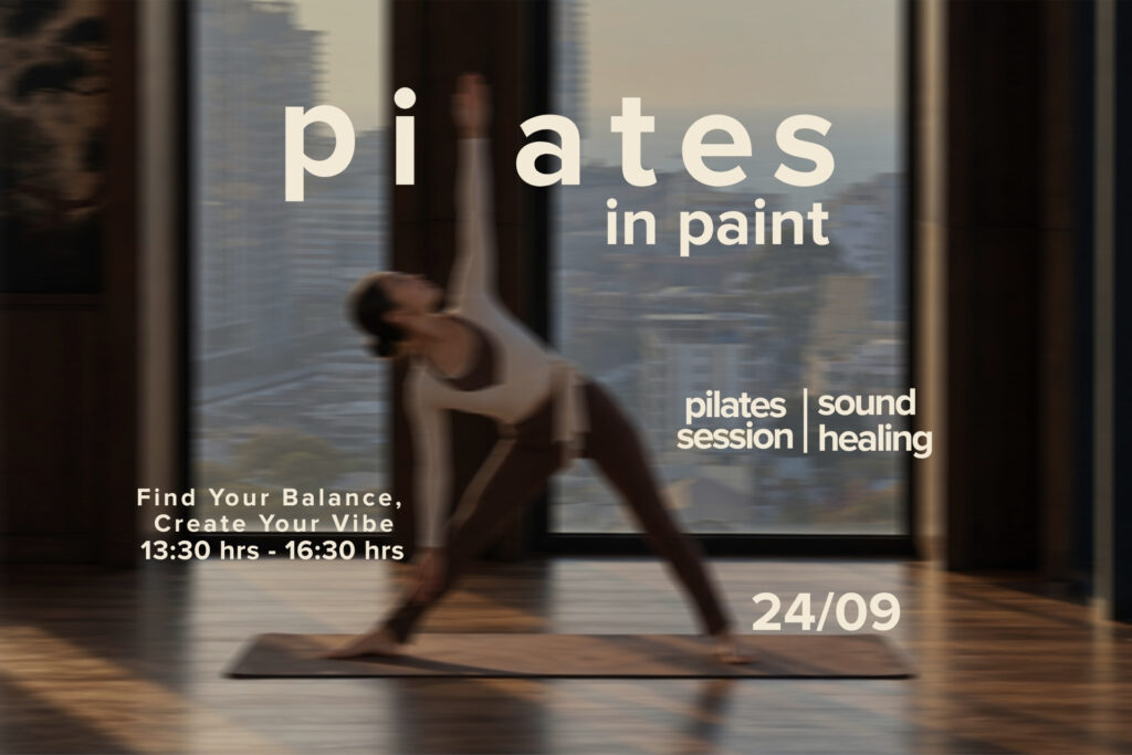 Pilates in Paint event poster featuring a woman practicing Pilates in Pattaya, with sound healing, event time 13:30–16:30, and date 24 September.