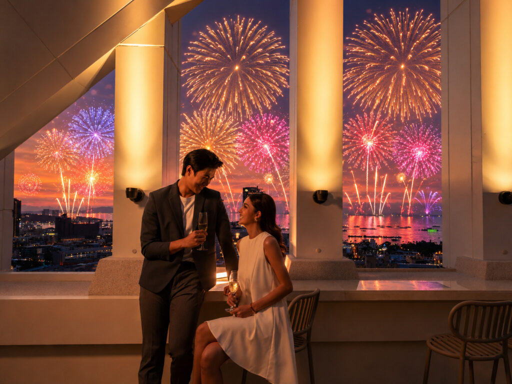 Couple enjoying drinks at a rooftop venue while colorful fireworks light up Pattaya Bay during the Pattaya International Fireworks Festival 2026.
