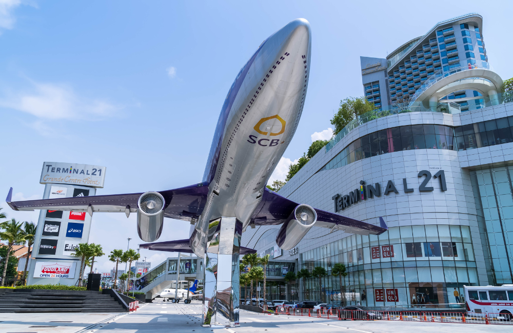 Terminal 21 Pattaya shopping mall featuring the iconic airplane sculpture and international retail stores, just minutes from Arden Hotel.