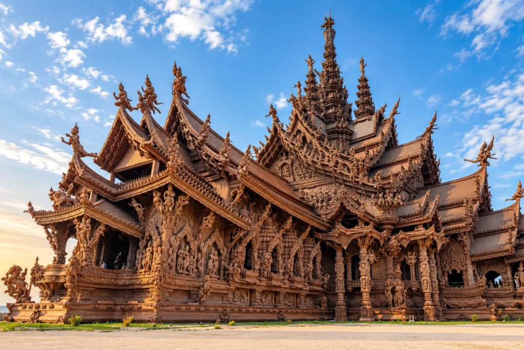 Exterior of the Sanctuary of Truth in Pattaya featuring intricate wooden carvings, sculpted figures and layered traditional roofs under a bright blue sky.