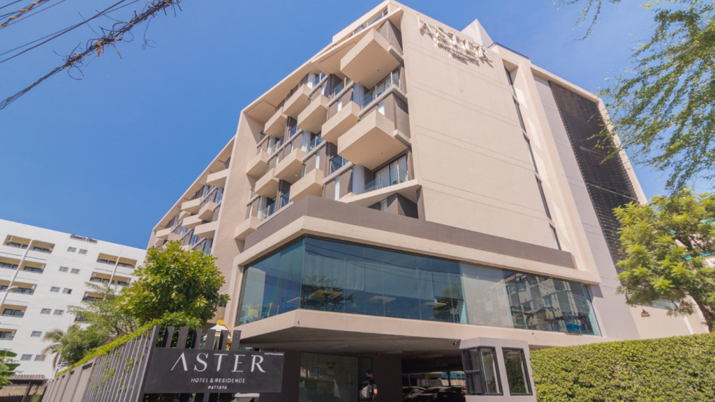 Exterior view of Aster Hotel and Residence Pattaya with modern architecture and private balconies