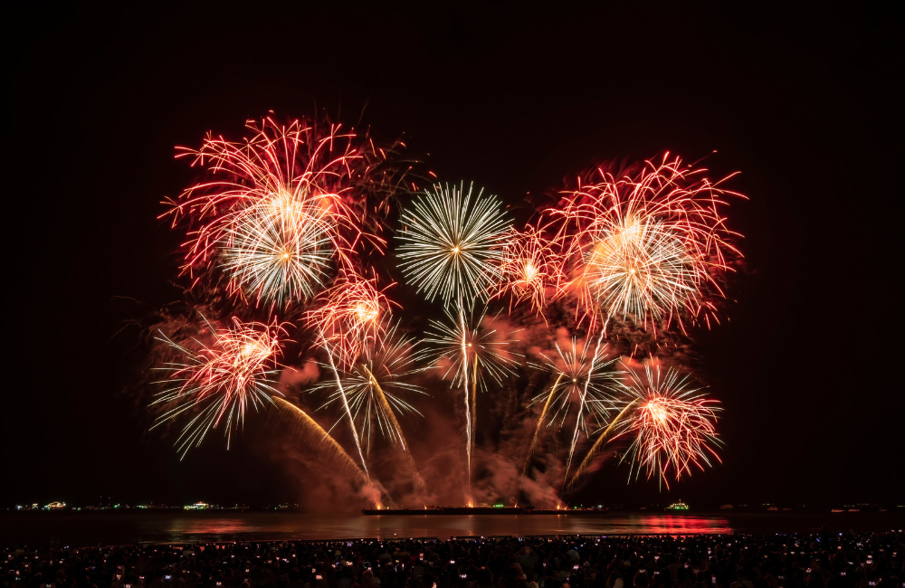 Visitors watching fireworks from Pattaya Beach at night