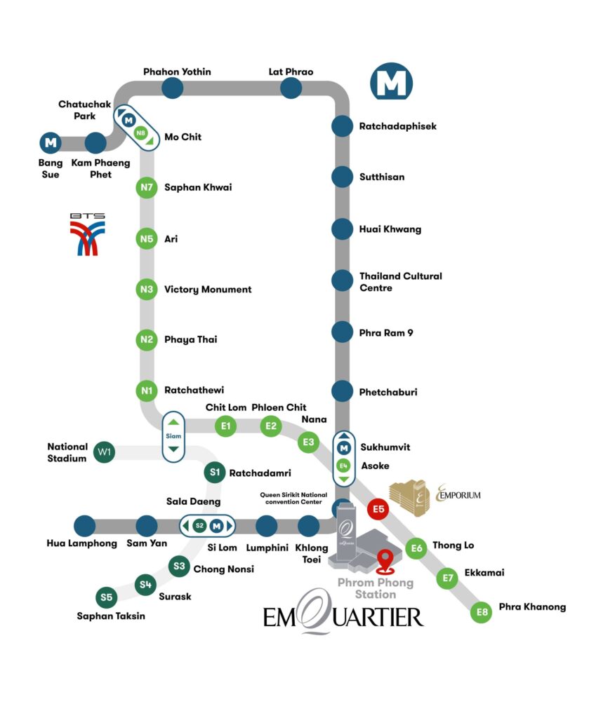 BTS and MRT map of Bangkok highlighting the Phrom Phong Station, located near The EmQuartier shopping mall.