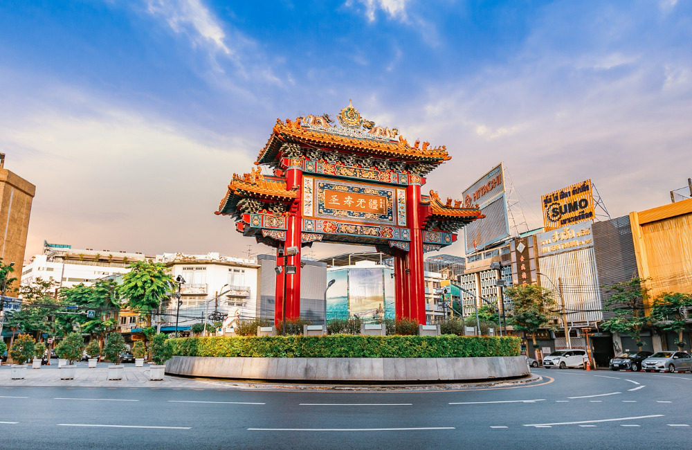 Chinatown Gate at Odeon Circle under blue sky