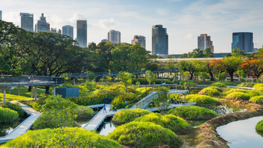 Benjakitti Park Bangkok with elevated walkways, wetlands, and skyline view – things to do in Benjakitti Park