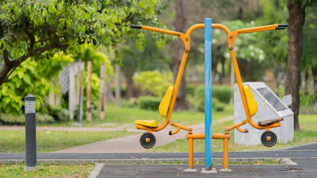 Outdoor gym equipment at Benjakitti Park Bangkok – fitness and exercise area in the green space