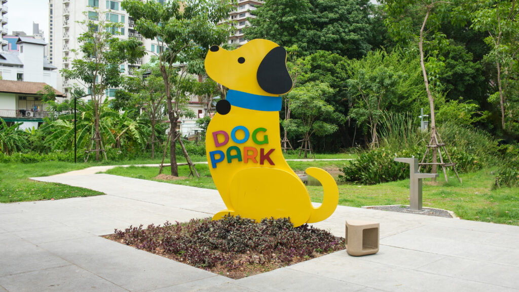 Dog park at Benjakitti Park Bangkok – pet-friendly area with walking paths and green space