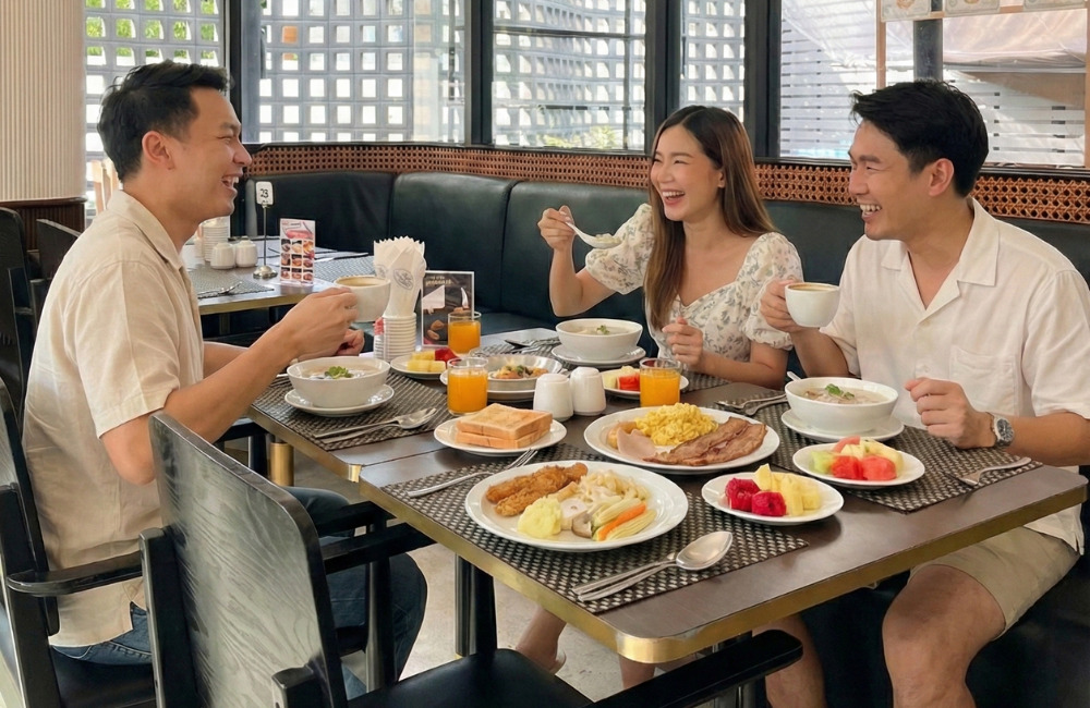 ลูกค้ากำลังรับประทานบุฟเฟ่ต์อาหารเช้า โรงแรม กรุงเทพ ในราคา 159 บาท ที่โรงแรมแอมเบอร์ สุขุมวิท 85