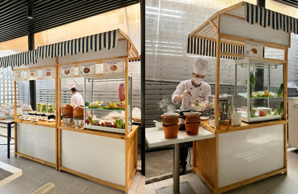 ไลน์สเตชั่นบุฟเฟ่ต์อาหารเช้า โรงแรม กรุงเทพ ที่โรงแรมแอมเบอร์ สุขุมวิท 85 มีก๋วยเตี๋ยวและอาหารไทยทำสดใหม่