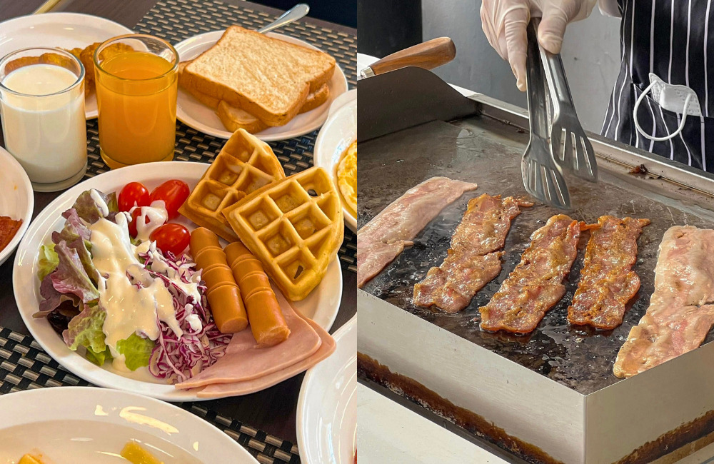 จานอาหารเช้าที่มีทั้งวาฟเฟิล ไส้กรอก และเบคอนย่างร้อนๆ จากเตาที่โรงแรมแอมเบอร์ 85