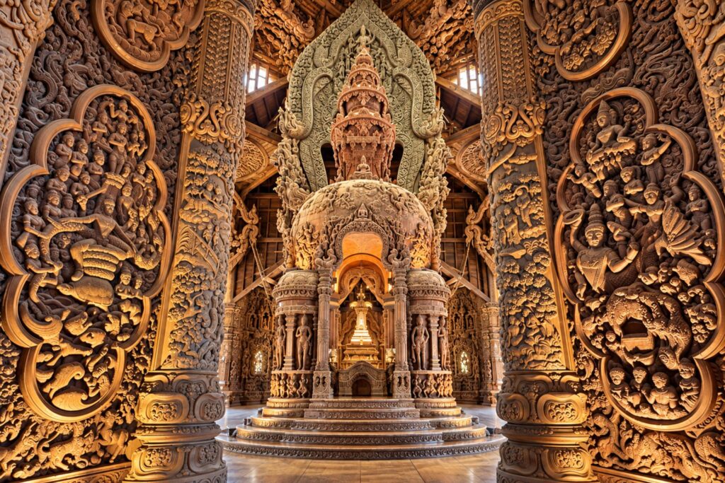 Interior of the Sanctuary of Truth in Pattaya with towering carved wooden columns, detailed sculptures and an ornate central structure illuminated by warm light.