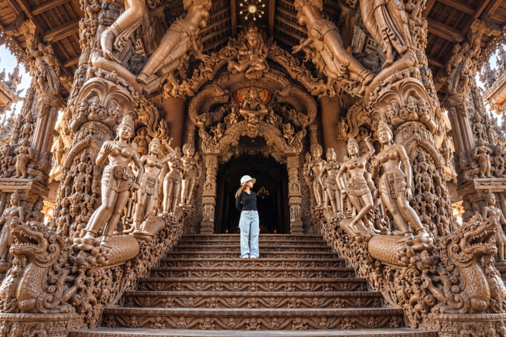 Traveler stands on the carved wooden staircase at the Sanctuary of Truth in Pattaya, framed by large sculpted figures and an ornate entrance.