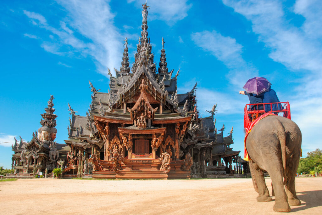 A wide-angle view of the Sanctuary of Truth in Pattaya, Thailand, showcasing its intricate wooden carvings and detailed architecture. An elephant ride is seen in the foreground, with a rider holding an umbrella, enhancing the cultural experience against a clear blue sky.