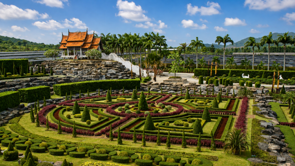 Landscaped garden and Thai-style pavilion at Nongnooch Pattaya in Chonburi, Thailand