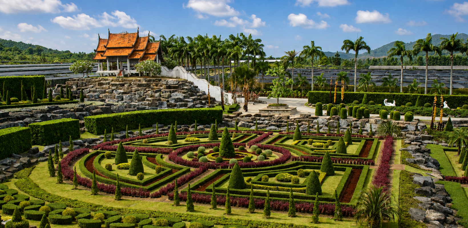 Landscaped garden and Thai-style pavilion at Nongnooch Pattaya in Chonburi, Thailand