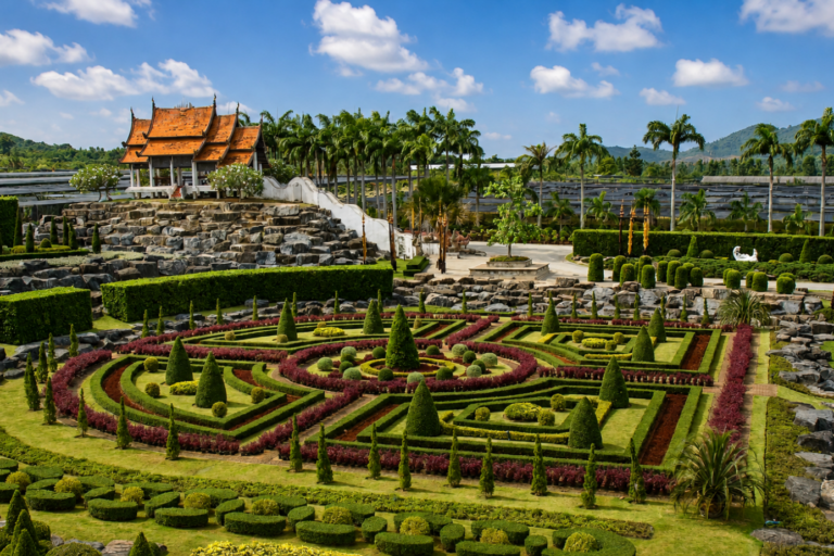 Landscaped garden and Thai-style pavilion at Nongnooch Pattaya in Chonburi, Thailand